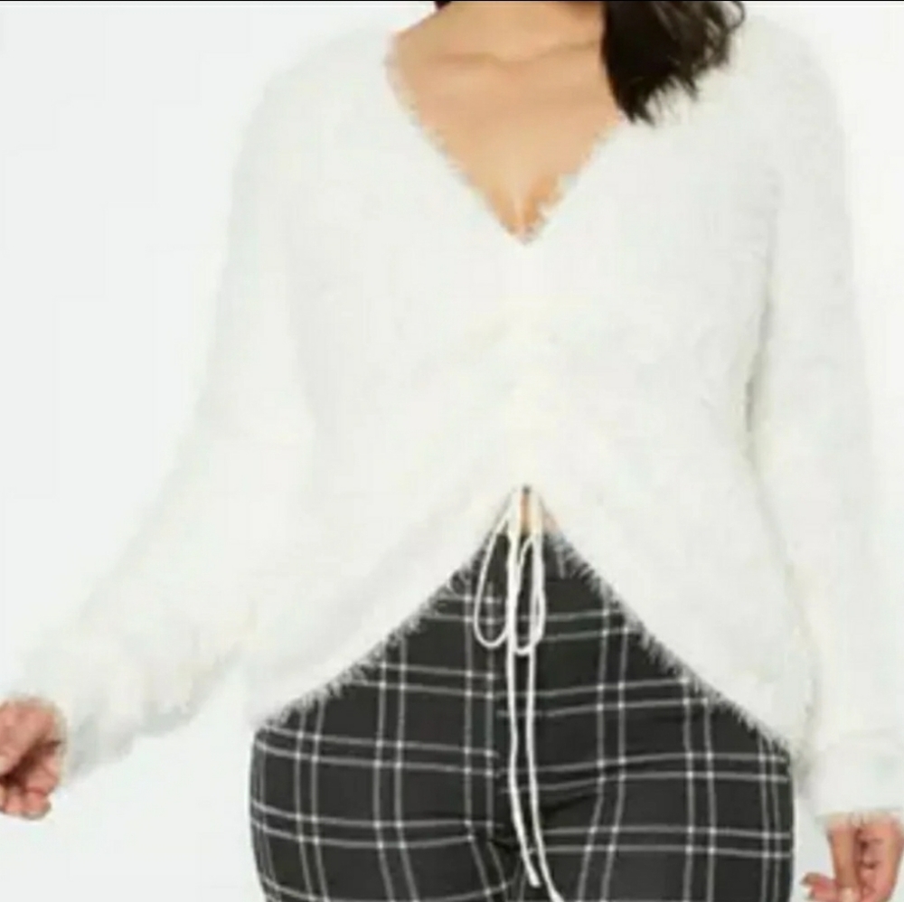 Fluffy Knit Ruched Drawstring Sweater